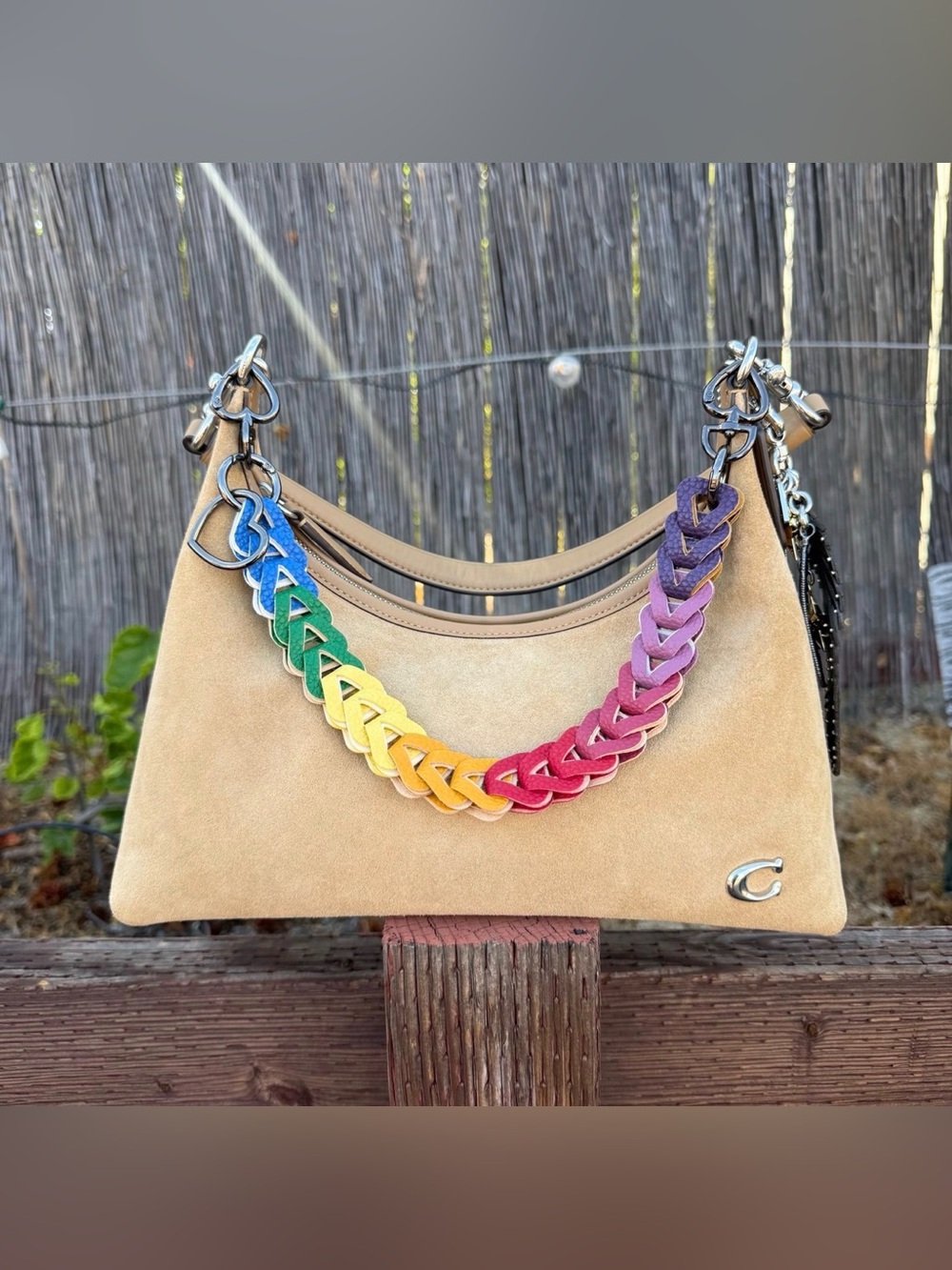 Novelty Strap| Bag Strap| Pebbled Faux Leather Rainbow Chain Link| Heart Shaped